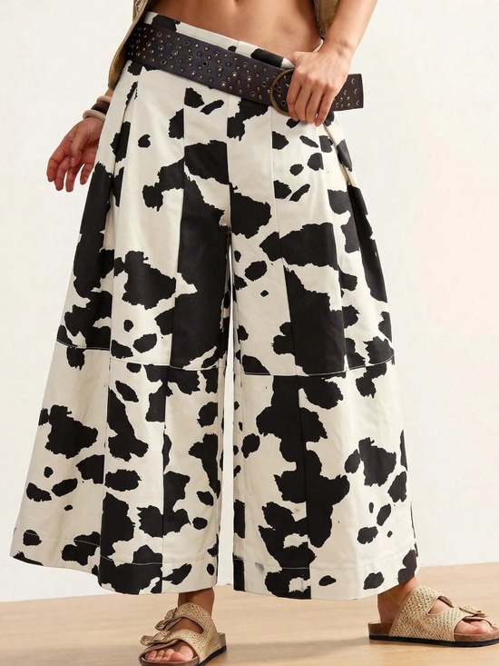 Pants - Boho Cow Print Low Waist Cropped Wide leg Pants
